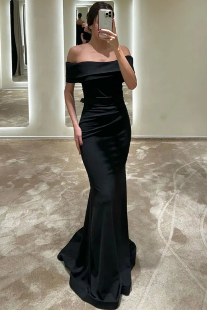 black formal mermaid dress Off the Shoulder Mermaid Black Satin Long Prom Dress, Mermaid Black Fo – abcprom