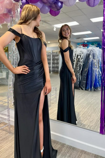Off the Shoulder Mermaid Black Satin Long Prom Dress with Slit, Mermaid Black Formal Dress, Black Evening Dress A2504