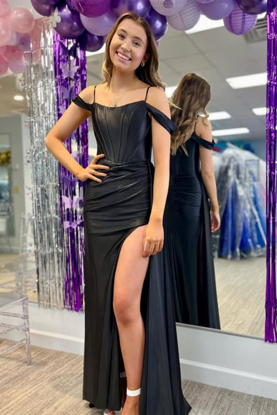 Off the Shoulder Mermaid Black Satin Long Prom Dress with Slit, Mermaid Black Formal Dress, Black Evening Dress A2504