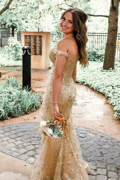 Off the Shoulder Mermaid Gold Lace Long Prom Dress, Mermaid Gold Formal Dress, Gold Lace Evening Dress A2309