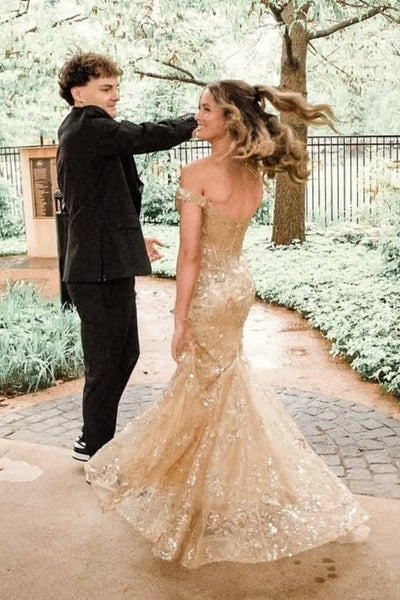Off the Shoulder Mermaid Gold Lace Long Prom Dress, Mermaid Gold Formal Dress, Gold Lace Evening Dress A2309