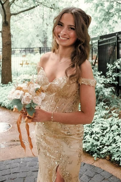 Off the Shoulder Mermaid Gold Lace Long Prom Dress, Mermaid Gold Formal Dress, Gold Lace Evening Dress A2309