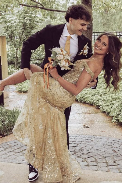 Off the Shoulder Mermaid Gold Lace Long Prom Dress, Mermaid Gold Formal Dress, Gold Lace Evening Dress A2309