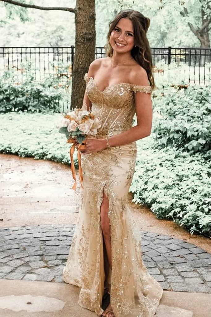 Off the Shoulder Mermaid Gold Lace Long Prom Dress, Mermaid Gold Formal Dress, Gold Lace Evening Dress A2309
