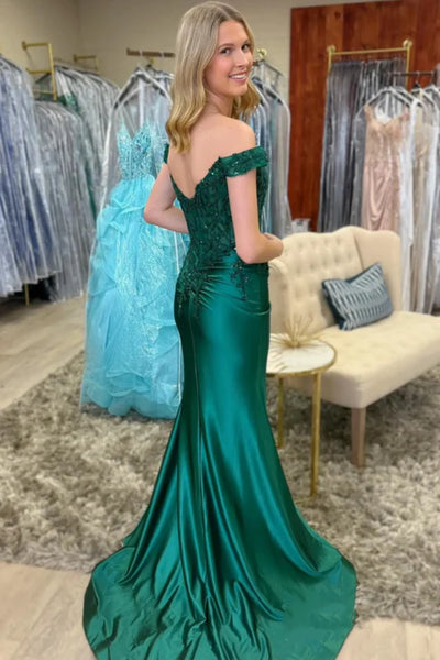 Off the Shoulder Mermaid Green Lace Long Prom Dress with Slit, Mermaid Green Formal Dress, Green Evening Dress A2471