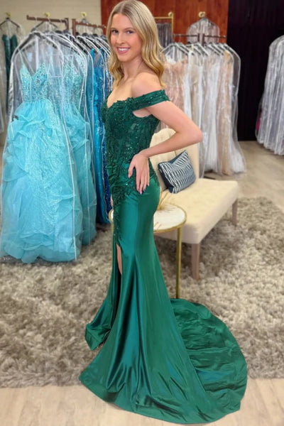 Off the Shoulder Mermaid Green Lace Long Prom Dress with Slit, Mermaid Green Formal Dress, Green Evening Dress A2471