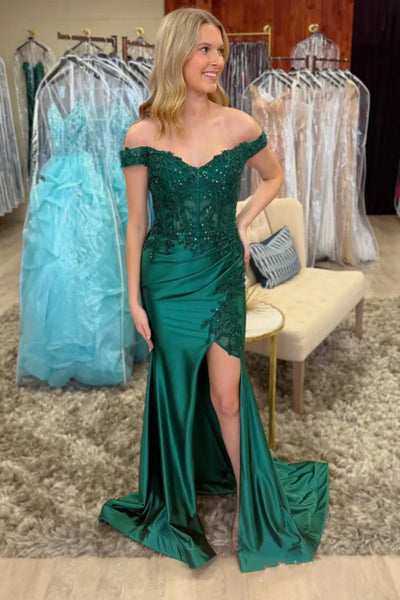Off the Shoulder Mermaid Green Lace Long Prom Dress with Slit, Mermaid Green Formal Dress, Green Evening Dress A2471