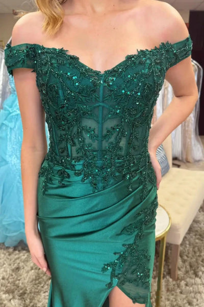 Off the Shoulder Mermaid Green Lace Long Prom Dress with Slit, Mermaid Green Formal Dress, Green Evening Dress A2471