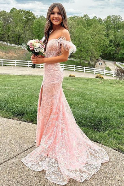 Off the Shoulder Mermaid Pink Lace Long Prom Dress, Off Shoulder Pink Formal Dress, Pink Lace Evening Dress A1884