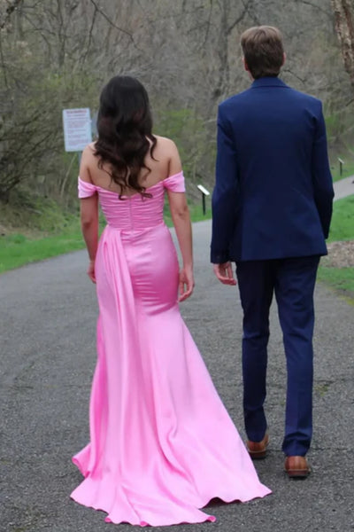 Off the Shoulder Mermaid Pink Satin Long Prom Dress, Off Shoulder Pink Formal Dress, Pink Evening Dress A2472