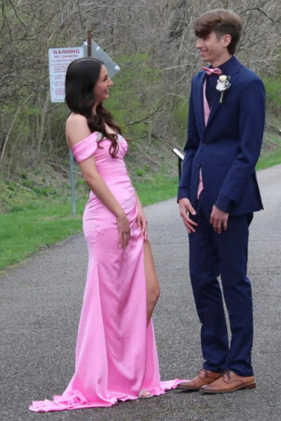 Off the Shoulder Mermaid Pink Satin Long Prom Dress, Off Shoulder Pink Formal Dress, Pink Evening Dress A2472