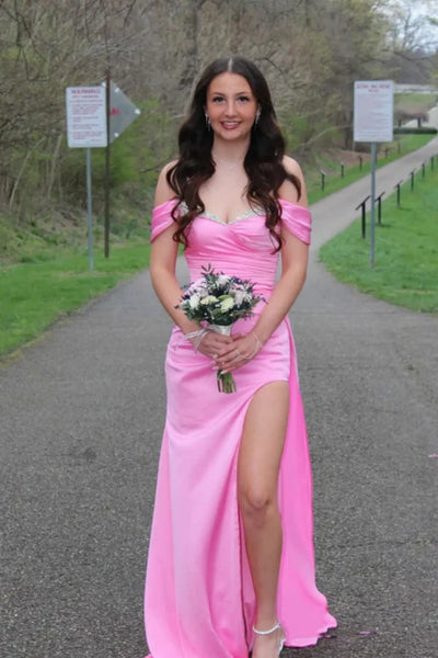 Off the Shoulder Mermaid Pink Satin Long Prom Dress, Off Shoulder Pink Formal Dress, Pink Evening Dress A2472