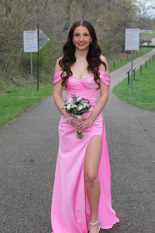 Off the Shoulder Mermaid Pink Satin Long Prom Dress, Off Shoulder Pink Formal Dress, Pink Evening Dress A2472