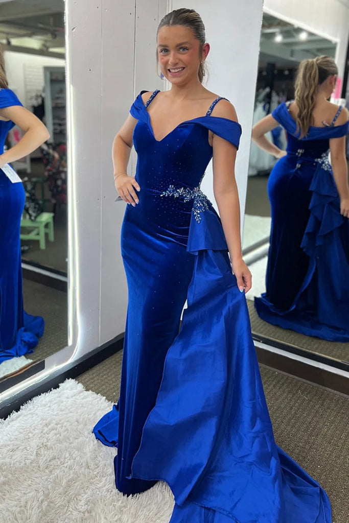 Off the Shoulder Mermaid Royal Blue Velvet Long Prom Dress, Off Should – abcprom