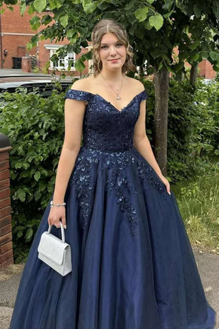 Off the Shoulder Navy Blue Lace Long Prom Dress, Off Shoulder Blue Formal Dress, Navy Blue Evening Dress A2547