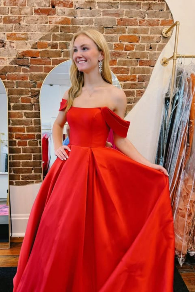 Off Shoulder Rödr Off the Shoulder Red Satin Long Prom Dress, Off Shoulder Red Formal Dr ...