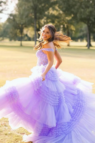 Off the Shoulder Ruffle Lilac Lace Long Prom Dress, Off Shoulder Lilac Formal Dress, Lilac Lace Evening Dress A2292