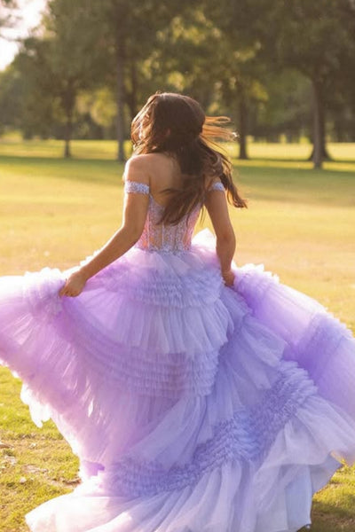 Off the Shoulder Ruffle Lilac Lace Long Prom Dress, Off Shoulder Lilac Formal Dress, Lilac Lace Evening Dress A2292