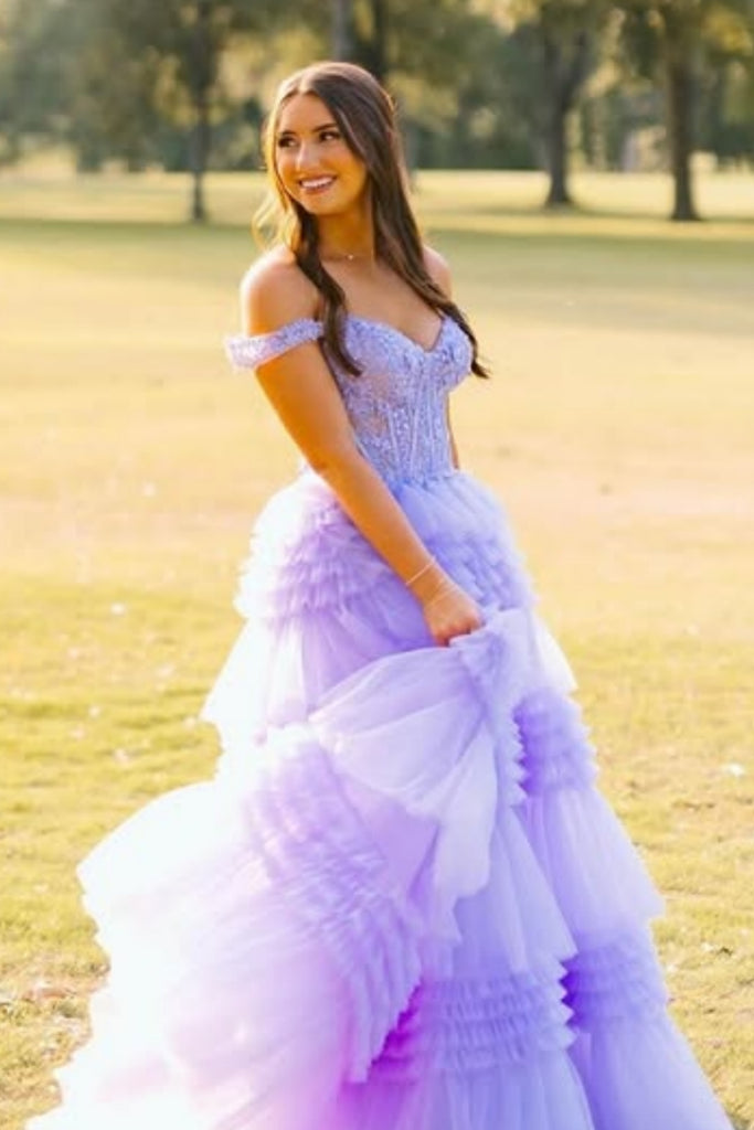Off the Shoulder Ruffle Lilac Lace Long Prom Dress, Off Shoulder Lilac Formal Dress, Lilac Lace Evening Dress A2292