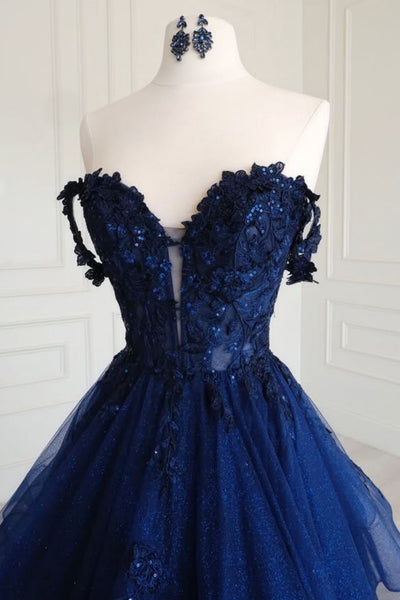 Off the Shoulder V Neck Fluffy Blue Lace Long Prom Dress, Off Shoulder Blue Formal Dress, Blue Lace Evening Dress A2315