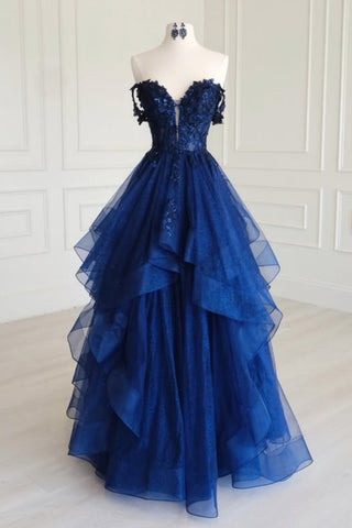 Off the Shoulder V Neck Fluffy Blue Lace Long Prom Dress, Off Shoulder Blue Formal Dress, Blue Lace Evening Dress A2315