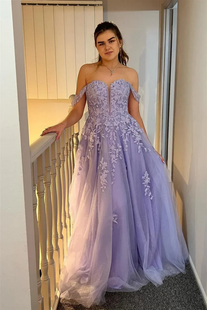 Off the Shoulder V Neck Lavender Lace Long Prom Dress, Lavender Lace F abcprom Off the Shoulder V Neck Lavender Lace Long Prom Dress, Lavender Lace F abcprom
