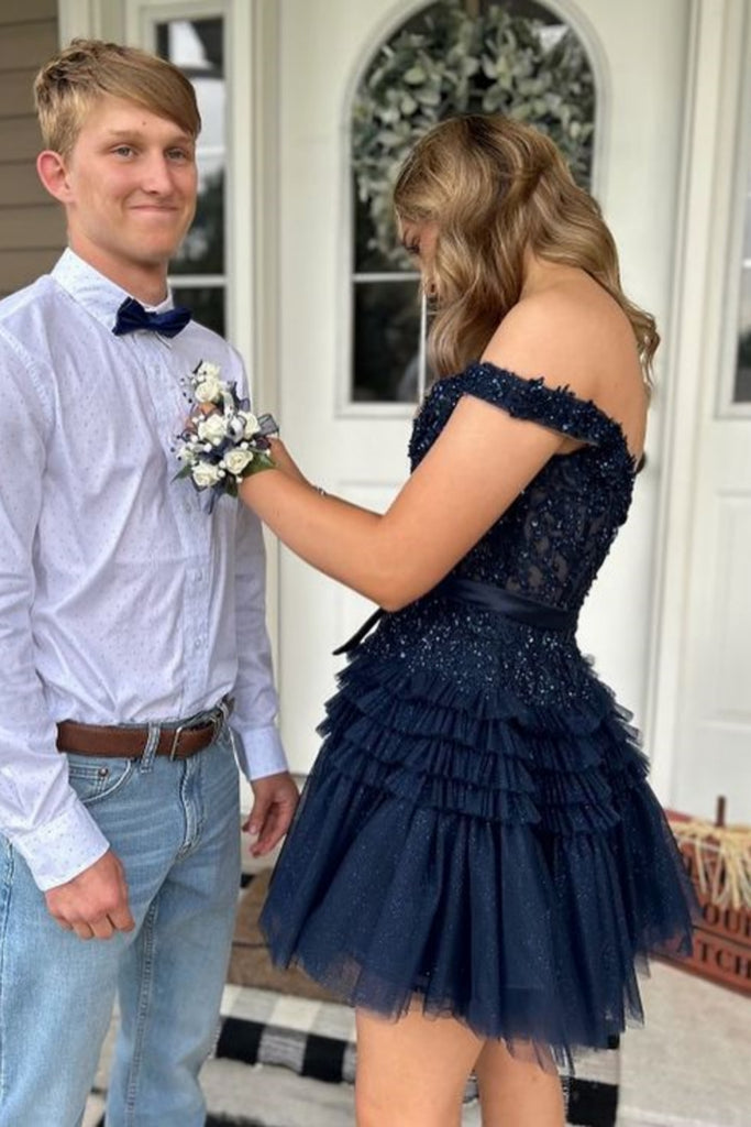 Off the Shoulder V Neck Navy Blue Lace Short Prom Dress, Navy Blue Lac abcprom Off the Shoulder V Neck Navy Blue Lace Short Prom Dress, Navy Blue Lac abcprom