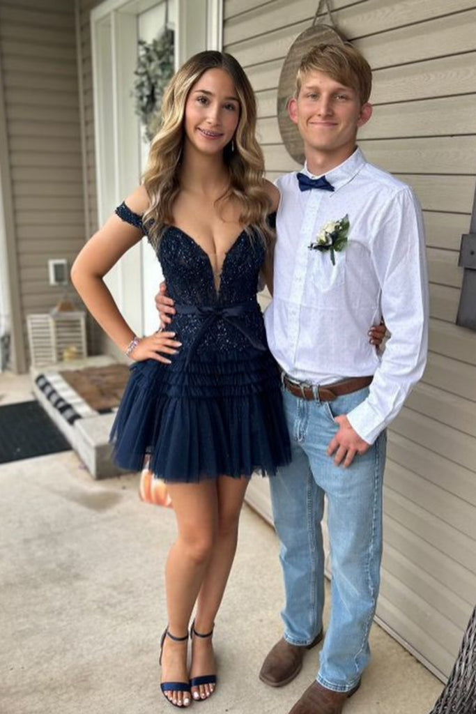 Off the Shoulder V Neck Navy Blue Lace Short Prom Dress, Navy Blue Lac abcprom Off the Shoulder V Neck Navy Blue Lace Short Prom Dress, Navy Blue Lac abcprom