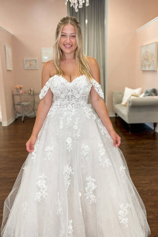 Off the Shoulder White Lace Long Prom Dresses, White Lace Wedding Dress, White Formal Graduation Evening Dress A2316