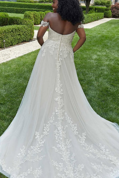 Off the Shoulder White Lace Long Prom Dress with Train, White Lace Wedding Dress with Slit, White Formal Evening Dress A2510
