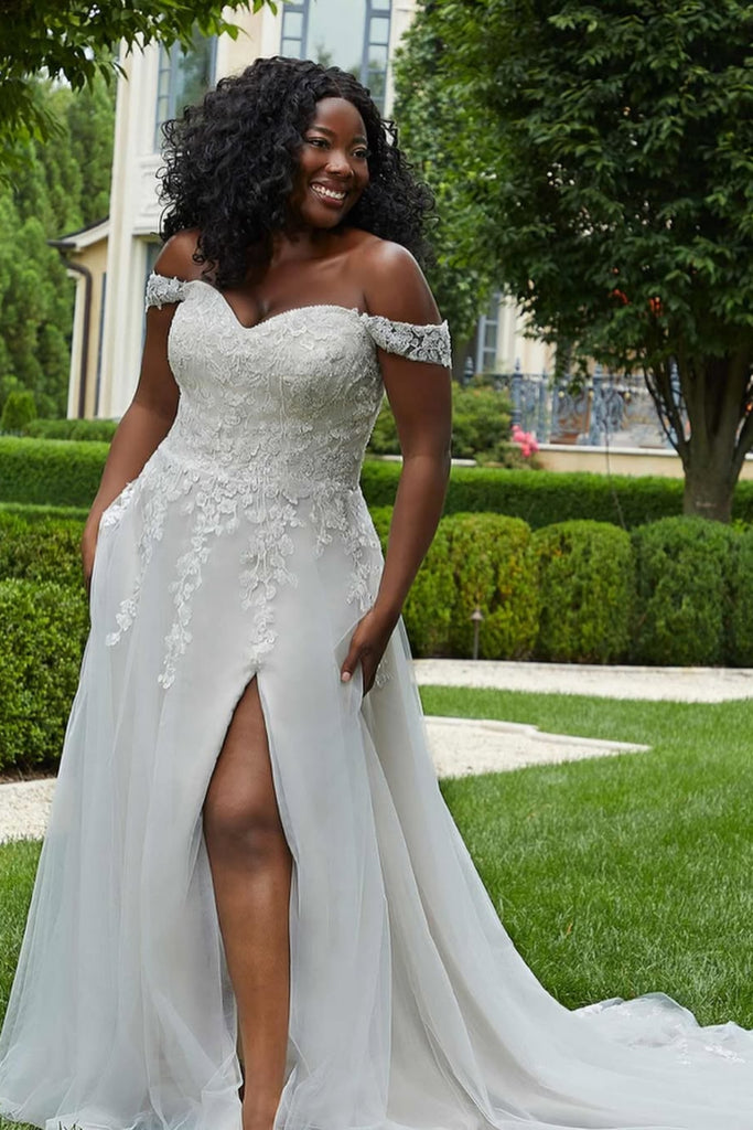 Off the Shoulder White Lace Long Prom Dress with Train, White Lace Wedding Dress with Slit, White Formal Evening Dress A2510