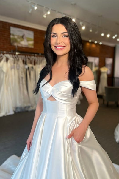 Off the Shoulder White Satin Long Prom Dress, Off Shoulder Ivory Formal Dress, White Evening Dress A2563