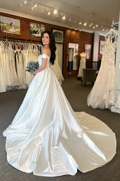 Off the Shoulder White Satin Long Prom Dress, Off Shoulder Ivory Formal Dress, White Evening Dress A2563