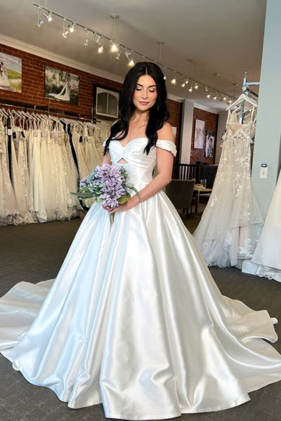 Off the Shoulder White Satin Long Prom Dress, Off Shoulder Ivory Formal Dress, White Evening Dress A2563