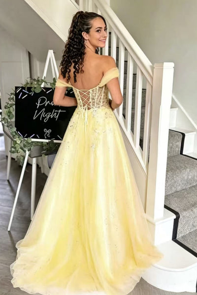 Off the Shoulder Yellow Lace Long Prom Dress, Yellow Lace Formal Dress, Off the Shoulder Evening Dress A2585