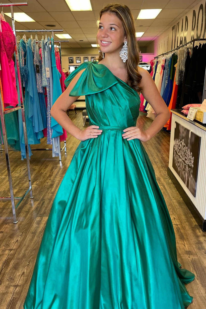 One Shoulder Green Satin Long Prom Dress, One Shoulder Formal Dress, L