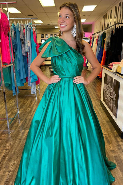 One Shoulder Green Satin Long Prom Dress, One Shoulder Formal Dress, Long Green Evening Dress A1995