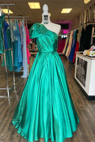 One Shoulder Green Satin Long Prom Dress, One Shoulder Formal Dress, Long Green Evening Dress A1995