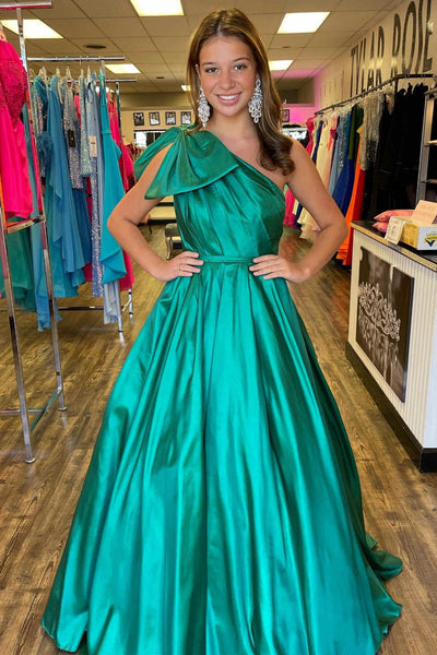 One Shoulder Green Satin Long Prom Dress, One Shoulder Formal Dress, Long Green Evening Dress A1995