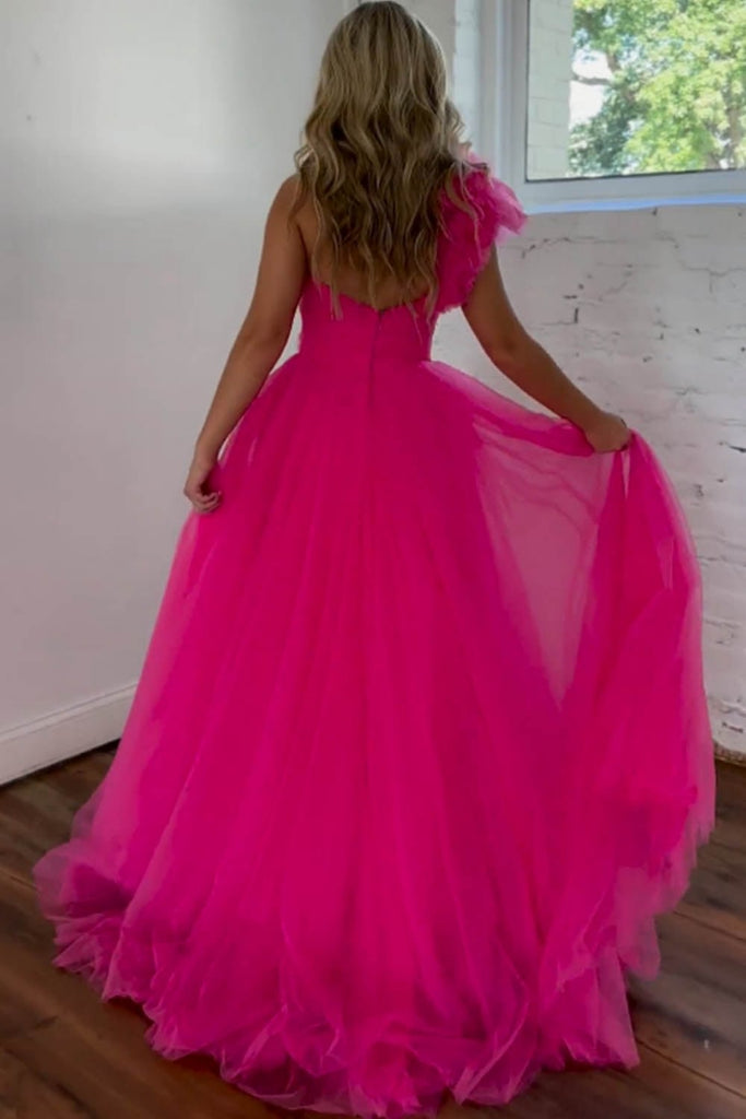 One Shoulder Hot Pink Tulle Long Prom Dress with High Slit, Long Hot P abcprom One Shoulder Hot Pink Tulle Long Prom Dress with High Slit, Long Hot P abcprom