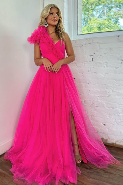 One Shoulder Hot Pink Tulle Long Prom Dress with High Slit, Long Hot Pink Formal Graduation Evening Dress A2103