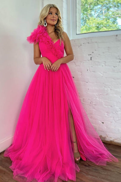 One Shoulder Hot Pink Tulle Long Prom Dress with High Slit, Long Hot P