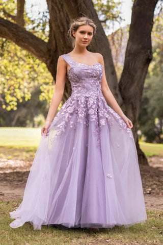 One Shoulder Lavender Lace Long Prom Dress, Lavender Lace Formal Dress, Lavender Evening Dress A2581