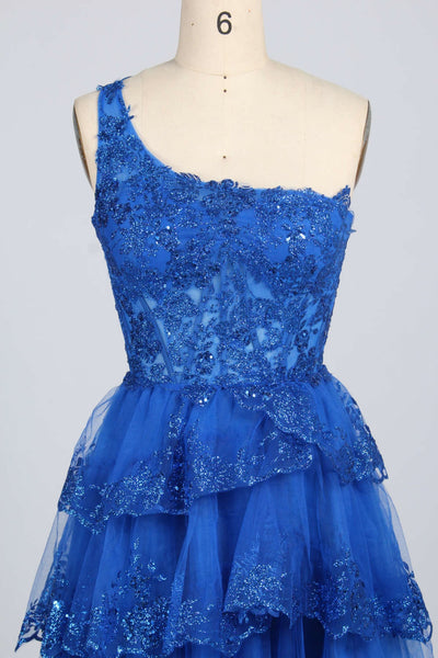 One Shoulder Layered Blue Lace Short Prom Dress, Blue Lace Homecoming Dress, Blue Formal Graduation Evening Dress A2405