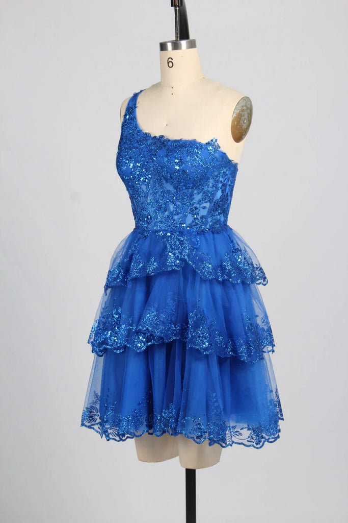 One Shoulder Layered Blue Lace Short Prom Dress, Blue Lace Homecoming abcprom One Shoulder Layered Blue Lace Short Prom Dress, Blue Lace Homecoming abcprom