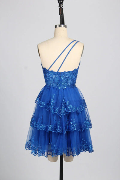 One Shoulder Layered Blue Lace Short Prom Dress, Blue Lace Homecoming Dress, Blue Formal Graduation Evening Dress A2405