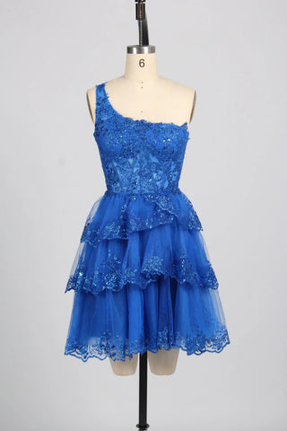 One Shoulder Layered Blue Lace Short Prom Dress, Blue Lace Homecoming Dress, Blue Formal Graduation Evening Dress A2405
