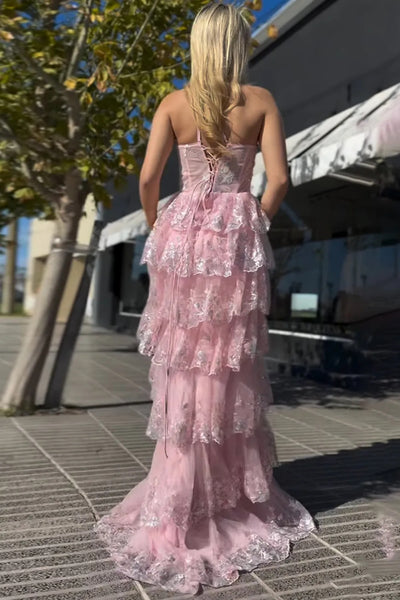 One Shoulder Layered Pink Lace Long Prom Dress, Pink Lace Formal Dress, Long Pink Evening Dress A2461