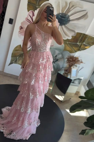 One Shoulder Layered Pink Lace Long Prom Dress, Pink Lace Formal Dress, Long Pink Evening Dress A2461