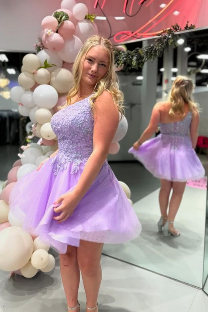 One Shoulder Lilac Lace Short Prom Dress, Purple Lace Homecoming Dress abcprom One Shoulder Lilac Lace Short Prom Dress, Purple Lace Homecoming Dress abcprom